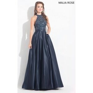 Mary's Bridal Malia Rose Prom Formal Gown Navy Blue Sequin Halter A-Line Sz 16